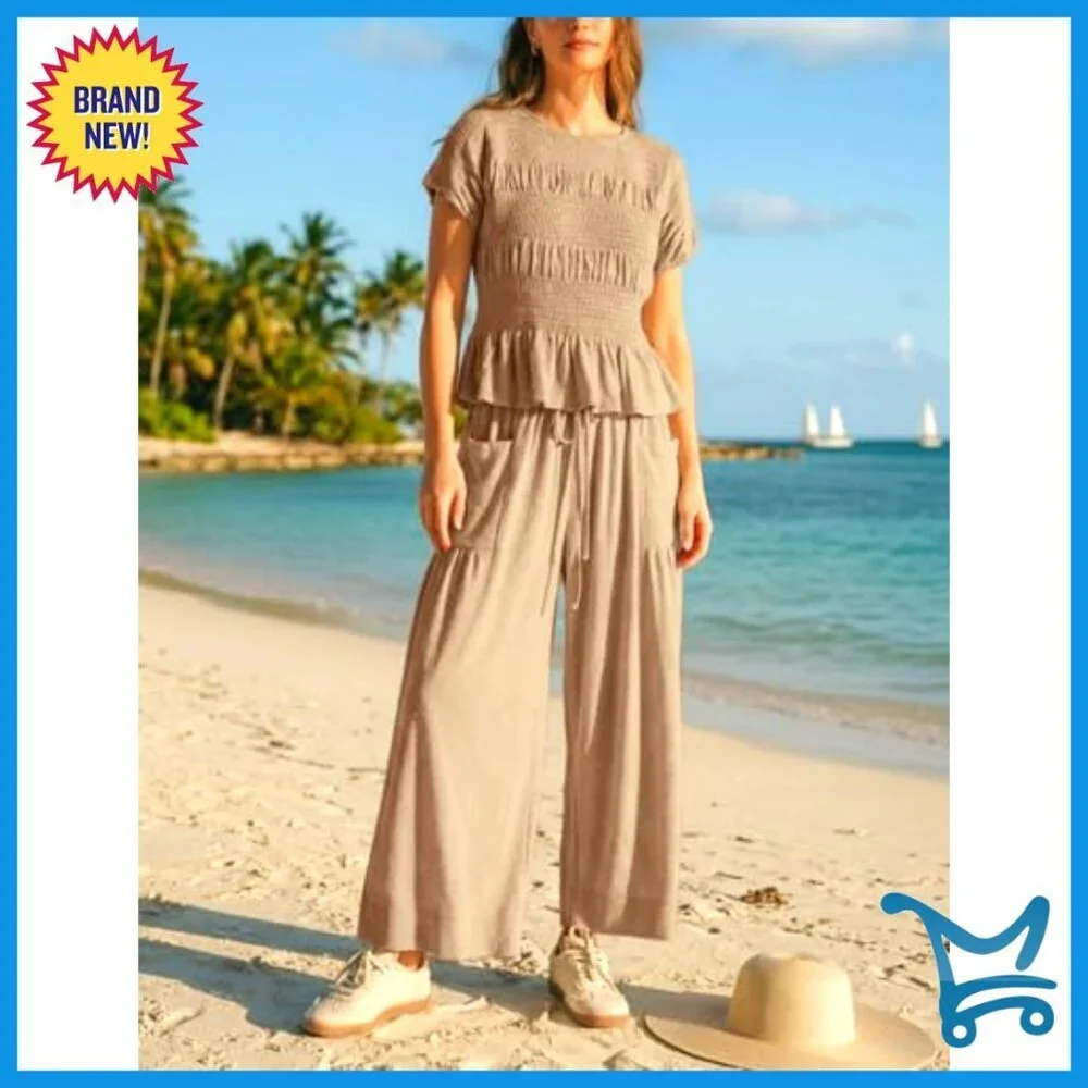 Smocked Top Wide Leg Pants Set High Waisted Lounge Outfit with Pockets